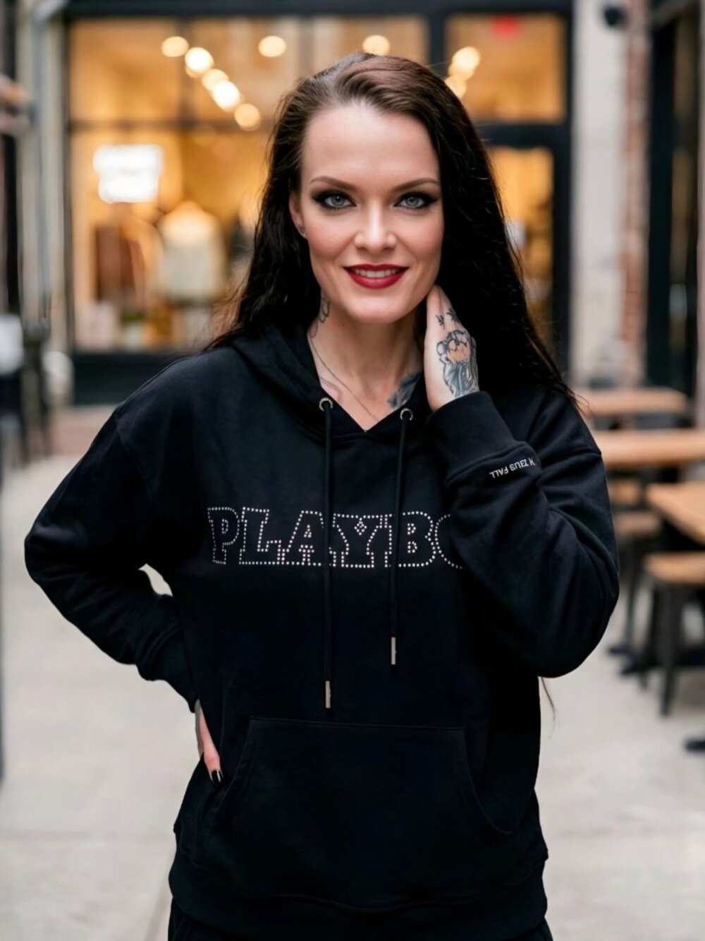 Playboy by Dolls Kill ✦ Rhinestone Logo Hoodie ✦ Pullover Black Relaxed Fit Sz S